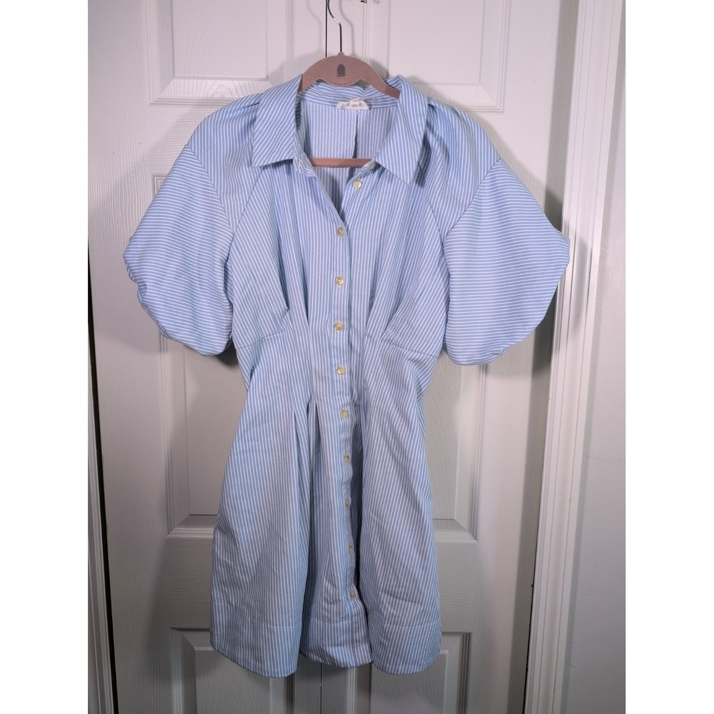 &Merci Blue And White Puff Sleeve Midi Dress With Pockets SZ Small